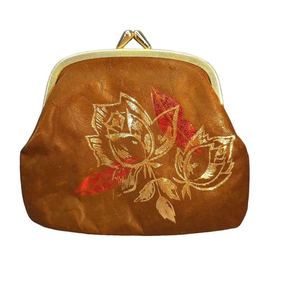 Vintage WEST GERMANY Leather Purse Clutch Coin Red Lips Gold Roses Kiss Lock - Picture 1 of 6